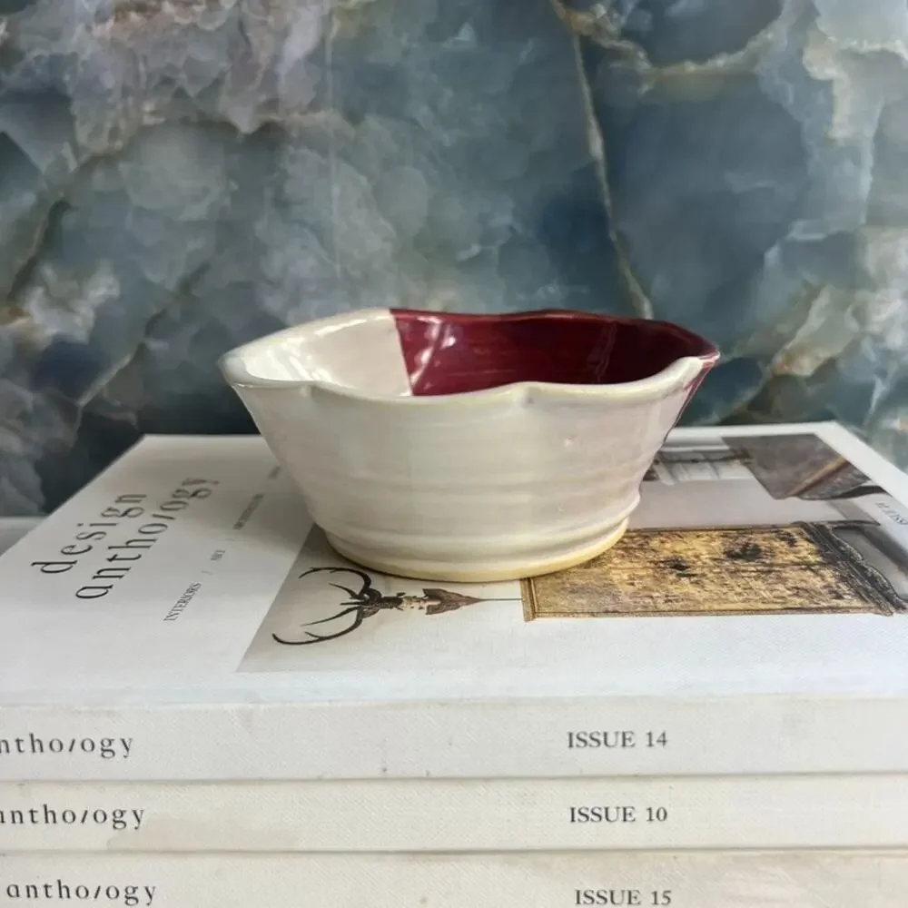 Pat Schweikert Studio Art Pottery Decorative Bowl Stoneware Ivory & Red Two Tone